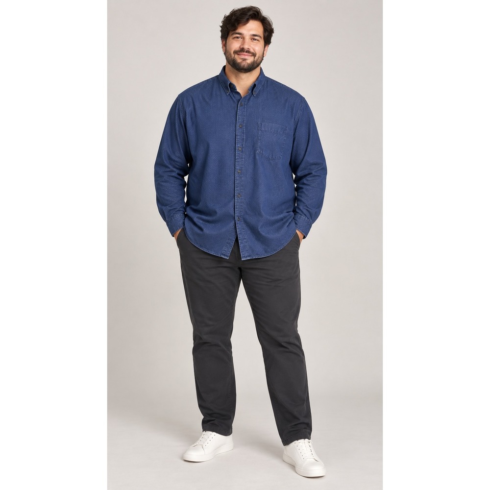 Uniqlo Mens XXL Blue Geometric Diamond Print Cotton Denim Button Down Shirt